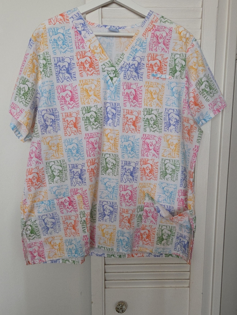 Disney White Short-Sleeve V-Neck Scrub Top with Multicolor Character Print